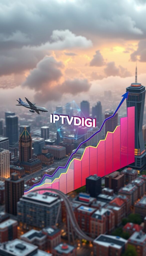 A detailed, high-resolution 3D rendering of the UK IPTV market growth, viewed from an isometric angle. The scene depicts a cityscape with skyscrapers, residential buildings, and infrastructure, representing the urban landscape of the United Kingdom. In the foreground, a large graph showcases the exponential growth of the IPTV industry, with colorful, dynamic data visualizations. In the middle ground, the IPTVDIGI brand logo is prominently displayed, signifying its leading presence in the UK IPTV market. The background features a cloudy, moody sky with warm lighting, conveying a sense of progress and momentum. The overall scene is photorealistic, with intricate details and a cinematic, immersive atmosphere.