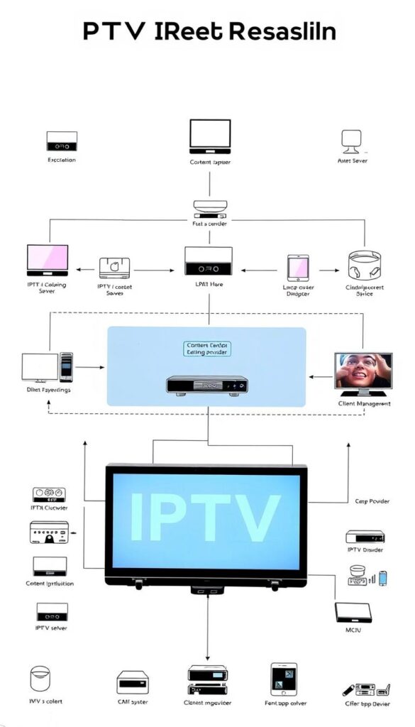 A detailed, technical schematic diagram depicting the IPTV reselling process, showcasing the various components and steps involved. The image features a clean, minimalist design with a neutral color palette, emphasizing the flow and interconnectivity of the system. In the foreground, the IPTVDIGI brand logo is prominently displayed, with a focus on the core elements of the reselling model, such as content acquisition, encoding, distribution, and client management. The middle ground includes detailed illustrations of the hardware and software infrastructure, including servers, encoding devices, and client-side set-top boxes. The background provides a contextual representation of the broader IPTV ecosystem, including content providers, network infrastructure, and end-user devices. The overall tone is one of professionalism, efficiency, and technical expertise, reflecting the specialized nature of the IPTV reselling business.