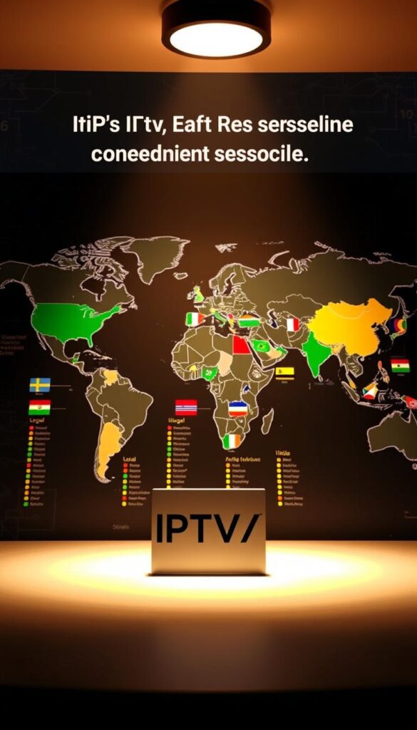 A detailed world map, illuminated by a warm overhead light, showcasing the legal status of IPTV reselling across various countries. In the foreground, the IPTVDIGI brand logo stands prominently, casting a subtle shadow. The middle ground features a grid of national flags, each with a corresponding status indicator - green for legal, yellow for ambiguous, and red for illegal. The background blends seamlessly, depicting a subtle texture of interconnected networks and data flows, hinting at the complex landscape of IPTV regulations globally.