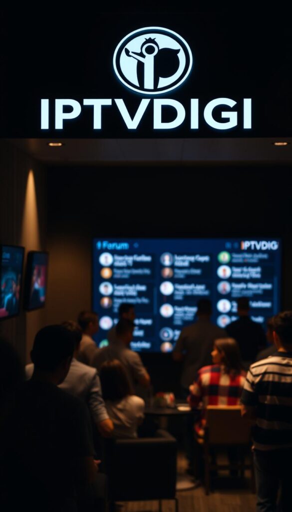 A dimly lit, cozy forum discussion platform with a stylized IPTVDIGI logo prominently displayed on the header. The platform features a clean, minimalist design with a dark color scheme, creating an atmosphere of professionalism and authority. In the middle ground, users engage in lively discussions, their avatars and messages visible on the screen. The background is blurred, hinting at a sense of community and shared knowledge among the IPTV resellers. The lighting is soft and warm, adding to the inviting and trustworthy ambiance. The overall scene conveys a sense of expertise, collaboration, and a hub for IPTV-related insights and trends.