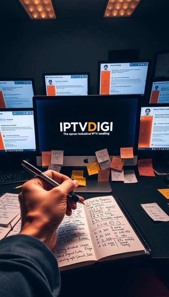 A dimly lit forum-like setting, with a sleek, modern desktop computer screen displaying the IPTVDIGI logo prominently in the center. The screen is surrounded by a collage of post-it notes, hand-written notes, and hastily scribbled diagrams, all centered around the topic of IPTV reselling. The foreground features a hand holding a pen, poised over a notebook filled with detailed calculations and strategies. In the background, a sense of community and collaboration is evoked through the presence of several monitors, each displaying active discussions on IPTV reselling within a Reddit-style interface. The overall atmosphere is one of focused intensity, with a hint of the excitement and camaraderie that comes from being part of a thriving online community.