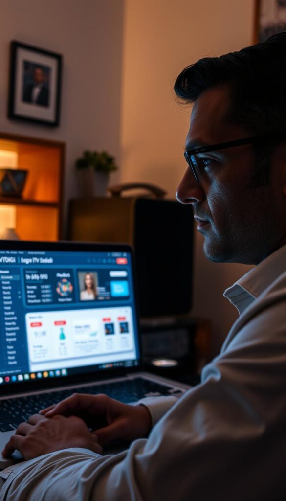 A dimly lit home office, the glow of a laptop screen illuminating the face of a focused IPTV reseller. On the screen, the IPTVDIGI dashboard displays a sleek interface, providing a bird's-eye view of the reseller's account, subscriptions, and analytics. The room is adorned with subtle techno-chic decor, conveying a sense of professionalism and expertise. Soft, warm lighting creates a cozy atmosphere, while the reseller's expression exudes a confident, determined mindset, ready to embark on the journey of IPTV super reselling.