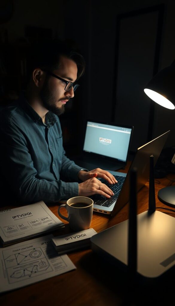 A dimly lit home office, the glow of a laptop screen illuminating the face of an IPTV reseller, deep in thought. On the desk, a stack of notes and a cup of coffee, surrounded by the tools of the trade - IPTVDIGI branding, network diagrams, and a sleek, modern router. The room is filled with an air of focused concentration, as the reseller meticulously plans their next steps to optimize their IPTV reseller business.