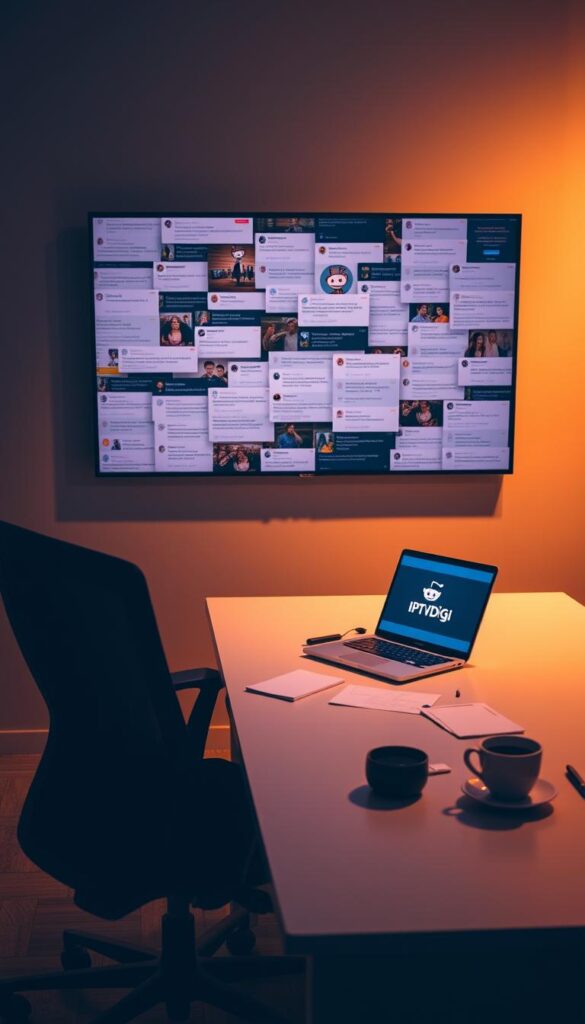 A dimly lit modern office space, with a sleek desk and ergonomic chair. On the desk, a laptop displays the IPTVDIGI logo, surrounded by scattered notes, a smartphone, and a cup of coffee. In the background, a wall-mounted display showcases a collage of reddit posts and user comments about IPTV resellers, creating an atmosphere of community insight and market analysis. The lighting is warm and focused, creating a contemplative, professional vibe. The scene conveys the sense of a thorough, well-researched exploration of the IPTV reseller market through the lens of the reddit community.
