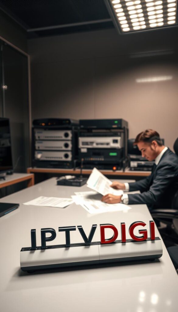 A dimly lit office interior, showcasing the IPTVDIGI brand name prominently displayed on a sleek, modern desk. In the foreground, a professional-looking business person is seated, intently reviewing financial documents and spreadsheets, conveying the idea of a legitimate IPTV reseller operation. The middle ground features various networking equipment, including routers, modems, and servers, hinting at the technical infrastructure required to support the IPTV reseller business. The background is softly blurred, creating a sense of depth and focus on the central subject matter. The overall mood is one of professionalism, organization, and attention to detail, reflecting the legal and compliant nature of the IPTV reseller business model.