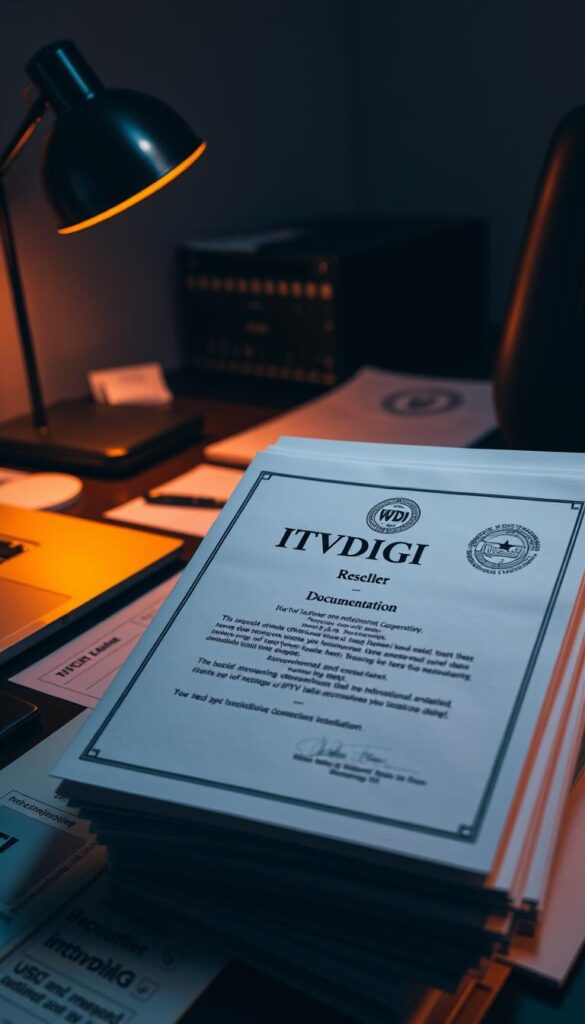 A dimly lit office setting, a desk with a laptop and scattered papers, conveying a sense of professionalism and attention to detail. On the desk, a stack of official-looking documents labeled "IPTVDIGI Reseller Documentation", showcasing the brand name prominently. The documents feature watermarked logos, stamps, and detailed legal language, exuding an air of legitimacy and compliance. Warm, directional lighting from a desk lamp casts subtle shadows, adding depth and a sense of importance to the scene. The overall atmosphere is one of authority, credibility, and the careful adherence to legal requirements for IPTV resellers.