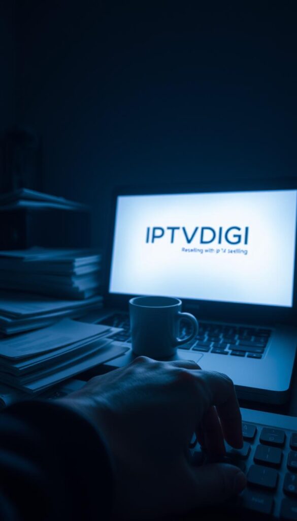 A dimly lit office space, the glow of a laptop screen casting shadows across a desk. Stacks of legal documents and a mug of cold coffee sit haphazardly, signifying the weight of the task at hand. In the foreground, a hand hovers over a keyboard, hesitant, as the IPTVDIGI logo looms on the screen, a subtle reminder of the legal risks associated with IPTV reselling. The atmosphere is tense, conveying the gravity of the situation and the need for careful consideration. Cinematic lighting and a moody, desaturated color palette contribute to the sense of unease, while the close-up perspective heightens the sense of personal investment in the decision-making process.