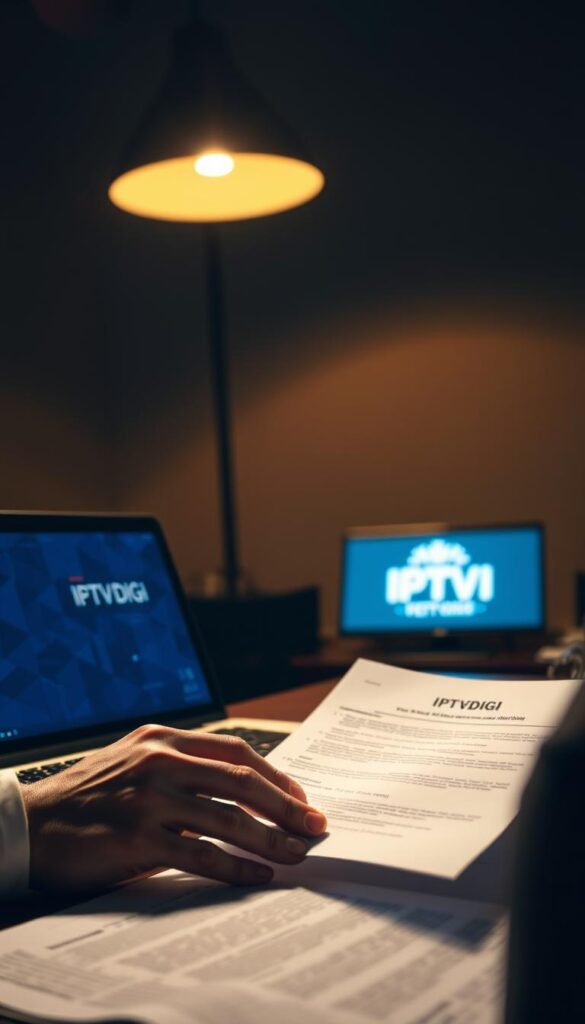 A dimly lit office space, the glow of a laptop screen illuminating a desk covered in legal documents and a IPTVDIGI logo. In the foreground, a person's hands carefully reviewing the papers, brow furrowed in concentration. The background is blurred, but suggests a sense of professionalism and attention to detail. Warm, indirect lighting casts subtle shadows, creating a somber, contemplative atmosphere. The scene conveys the careful legal compliance required for IPTV reselling, with an air of seriousness and responsibility.