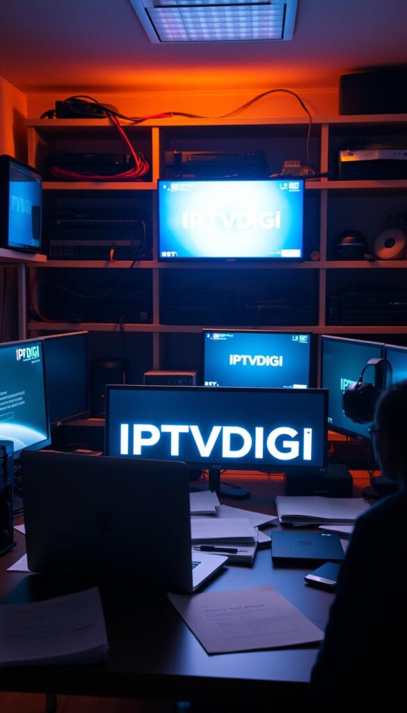 A dimly lit office space, the glow of multiple computer screens illuminating the scene. In the center, a desk with the IPTVDIGI logo prominently displayed, signifying a professional IPTV reselling operation. The desk is cluttered with documents, a sleek laptop, and a high-end webcam, hinting at the technical and business-oriented nature of the reseller's work. The background features shelves filled with networking equipment, cables, and other technological paraphernalia, creating an atmosphere of a well-equipped, modern IPTV enterprise. Soft, warm lighting casts a cozy, focused ambiance, conveying the sense of a thriving, well-organized IPTV reseller business.