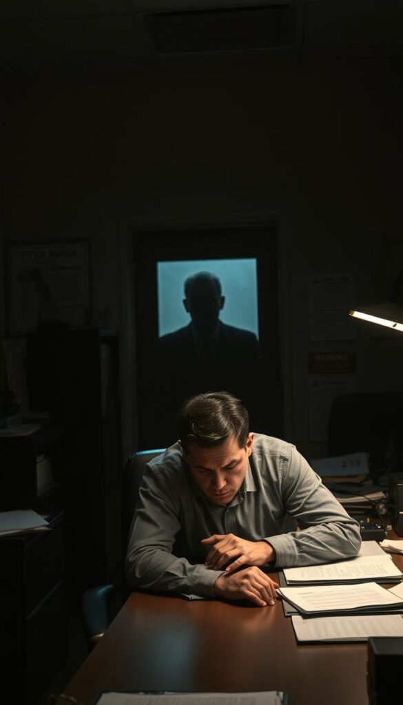 A dimly lit office space, the walls adorned with legal documents and warning signs. In the foreground, a IPTVDIGI reseller sits at a desk, a worried expression on their face as they ponder the legal implications of their business. The middle ground showcases a shadowy figure, representing the legal authorities, looming in the background. The lighting is harsh, casting dramatic shadows and conveying a sense of unease. The overall atmosphere is one of trepidation and uncertainty, reflecting the legal concerns faced by IPTVDIGI resellers.