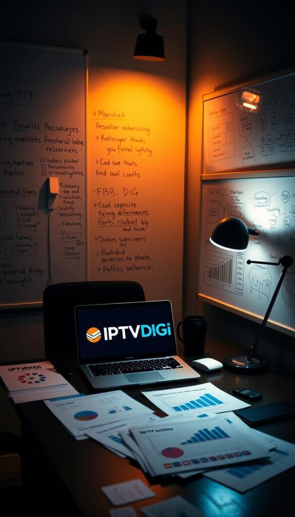 A dimly lit office space, with a desk featuring a laptop displaying the IPTVDIGI logo. On the desk, various documents, charts, and graphs depicting market research data on IPTV reseller trends. The walls are adorned with whiteboards covered in handwritten notes and diagrams, conveying a sense of focused analysis. Warm, directional lighting from a desk lamp casts a soft glow, creating an atmosphere of contemplation and strategic planning. The scene evokes a professional, research-driven environment where an IPTV reseller is carefully examining the market landscape to guide their business decisions.