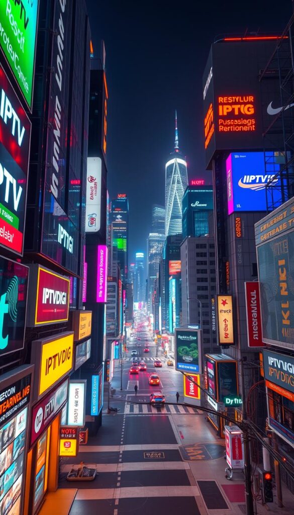 A dynamic cityscape, illuminated by the vibrant glow of neon signs and digital displays. In the foreground, a bustling IPTVDIGI reseller hub, its sleek, modern interface showcasing a vast array of IPTV packages and customization options. Mid-ground, a network of interconnected servers and cables, pulsing with the data that powers this evolving industry. In the background, a skyline of towering skyscrapers, symbolizing the rapid growth and technological advancements transforming the IPTV reselling landscape. The scene is captured with a cinematic, wide-angle lens, creating a sense of depth and scale, and lit by a warm, futuristic lighting that lends an air of dynamism and innovation to the overall composition.