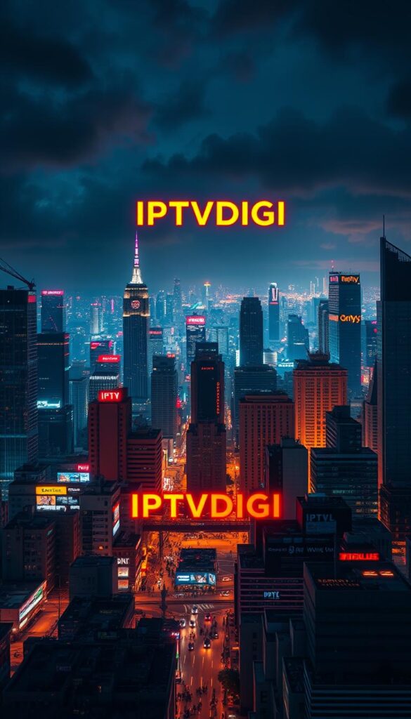 A dynamic cityscape, illuminated by the vibrant neon glow of the IPTVDIGI brand. In the foreground, a bustling hub of IPTV resellers, each offering a diverse array of streaming services, packages, and cutting-edge technologies. The middle ground features a network of interconnected servers and data centers, the backbone of this evolving industry. In the background, a backdrop of towering skyscrapers and a vibrant, ever-changing skyline, symbolizing the rapid growth and transformation of the IPTV reselling landscape. Dramatic lighting, from both natural and artificial sources, casts dramatic shadows and highlights the dynamic nature of this industry. The scene conveys a sense of energy, innovation, and the relentless pursuit of delivering the ultimate IPTV experience to consumers.
