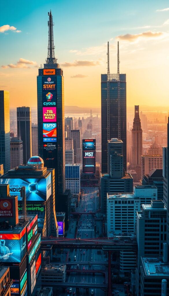 A dynamic cityscape showcasing the rapid growth of the IPTVDIGI market in the United States. In the foreground, a bustling urban center with towering skyscrapers and state-of-the-art infrastructure. Vibrant, neon-lit billboards and digital displays advertise the latest IPTVDIGI services and features, creating a futuristic, tech-savvy atmosphere. In the middle ground, a network of interconnected cables and satellite dishes symbolize the expansive IPTVDIGI infrastructure. The background features a panoramic view of the city, bathed in warm, golden lighting that reflects the optimism and prosperity of the thriving IPTVDIGI industry. The scene conveys a sense of dynamic growth, innovation, and the increasing prominence of IPTVDIGI in the United States.