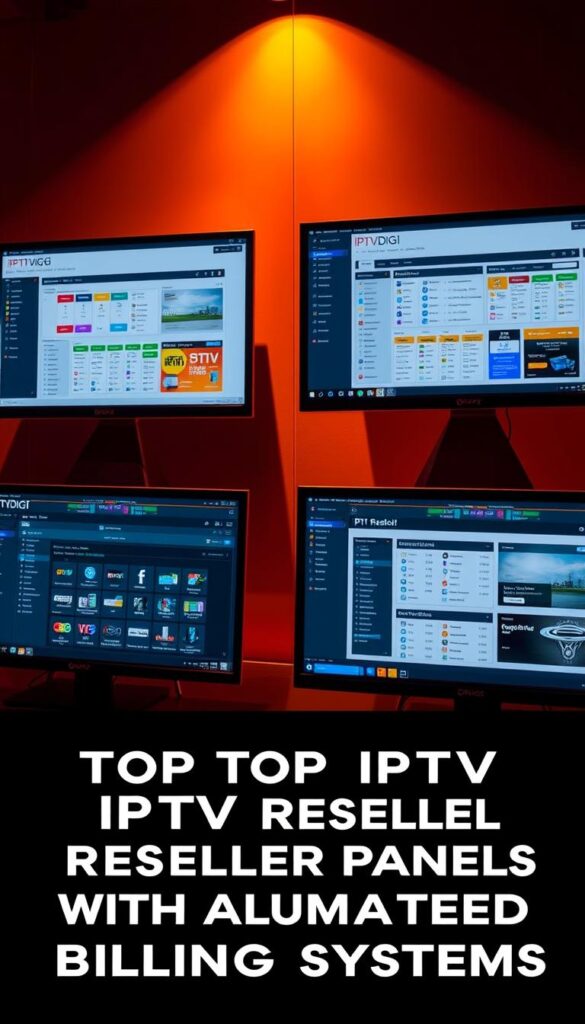 A high-contrast, close-up view of five IPTV reseller panel interfaces, arranged in a grid layout. The panels, including IPTVDIGI, are displayed on stylish, reflective surfaces, illuminated by warm, directional lighting that casts dramatic shadows. The interfaces showcase their unique design elements, functionality, and branding. The overall scene conveys a sense of professionalism, comparison, and technical sophistication, suitable for an article on top IPTV reseller panels with automated billing systems.
