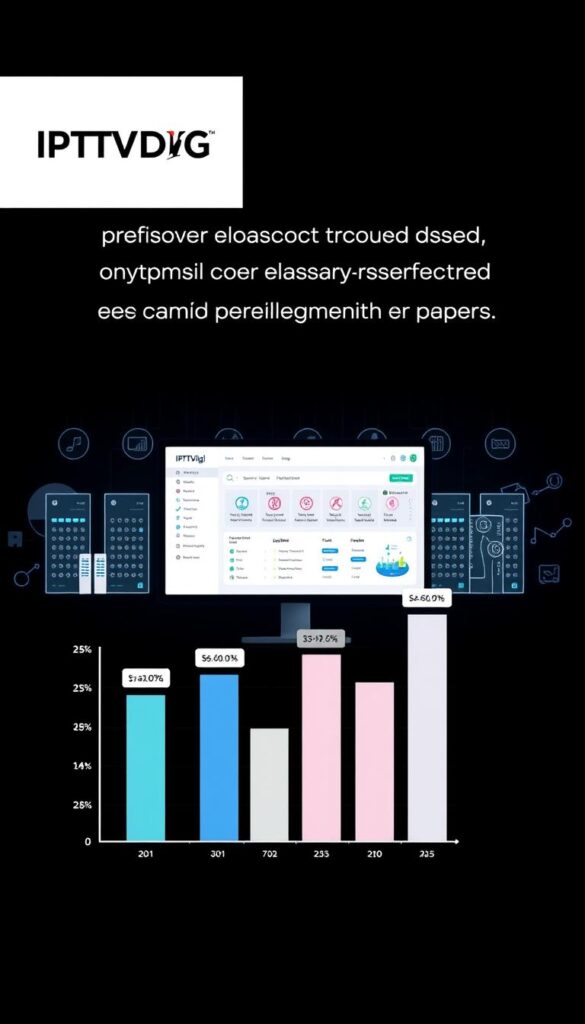 A high-contrast digital illustration depicting the IPTVDIGI credit system and pricing structure. In the foreground, a stylized graph showcases profit margins for IPTV resellers, with bars representing different tiers of packages and subscription plans. The middle ground features a clean, minimalist dashboard interface displaying IPTVDIGI's credit management tools. In the background, a grid of server icons and network diagrams suggests the technical infrastructure powering the reseller platform. The overall aesthetic is sleek, modern, and data-driven, conveying IPTVDIGI's emphasis on transparent pricing and efficient reseller management.