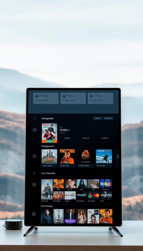 A high-quality digital display showcasing various IPTVDIGI reseller packages. The foreground features a sleek, minimalist interface with intuitive navigation, prominently displaying package details, pricing, and subscription options. The middle ground showcases an array of entertainment content icons, including movies, TV shows, and live channels, hinting at the breadth of the IPTVDIGI service. The background is a softly blurred, gradient-rich landscape, creating a sense of depth and emphasizing the digital nature of the offering. The overall composition conveys a professional, sophisticated, and user-friendly IPTV reseller experience.
