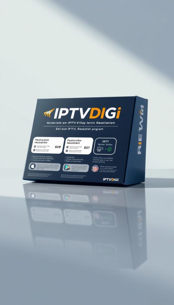 A high-quality digital illustration of an IPTV reseller package showcasing the IPTVDIGI brand. The scene depicts a sleek, modern package design with a prominent IPTVDIGI logo, clear pricing and service details, and intuitive layout. The package rests on a reflective surface, creating depth and a sense of premium quality. Soft, directional lighting from the top left casts subtle shadows, enhancing the three-dimensional feel. The overall mood is professional, informative, and visually appealing, reflecting the credibility and value of the IPTVDIGI reseller program.