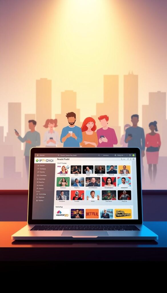 A high-quality digital illustration showcasing the IPTVDIGI reseller business model. In the foreground, a stylized laptop or tablet display depicts the IPTVDIGI platform's user interface, highlighting its reseller dashboard and channel selection. The middle ground features a group of diverse customers, each accessing IPTV content on their own devices, representing the reseller's client base. In the background, a cityscape or abstract geometric shapes convey the scalability and reach of the IPTV reseller model. The scene is illuminated by a soft, warm lighting that creates a professional and trustworthy atmosphere. The overall composition emphasizes the interconnectedness, technology, and growth potential of the IPTVDIGI reseller business.