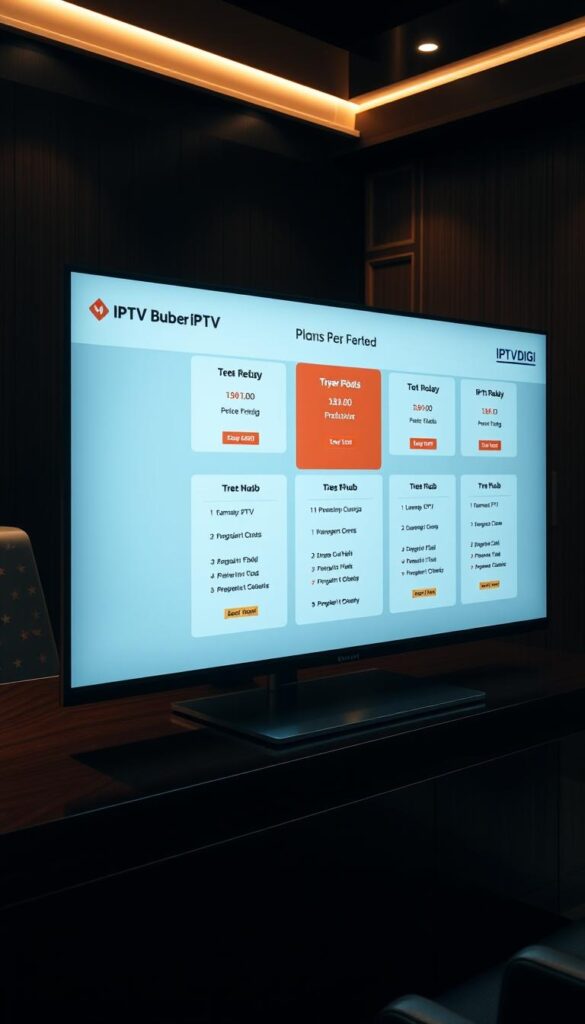 A high-resolution 4K digital photograph of various IPTV subscription plans offered by the IPTVDIGI brand, showcased on a sleek, modern interface. The plans are displayed on a large flat-screen monitor, with a clean, minimalist design that highlights the key features and pricing options. The monitor is placed on a dark, polished wooden desk, surrounded by a dimly lit, sophisticated office environment. Soft, directional lighting from the side creates depth and emphasizes the screen's display. The overall mood is professional, premium, and inviting, reflecting the quality and reliability of the IPTVDIGI service.
