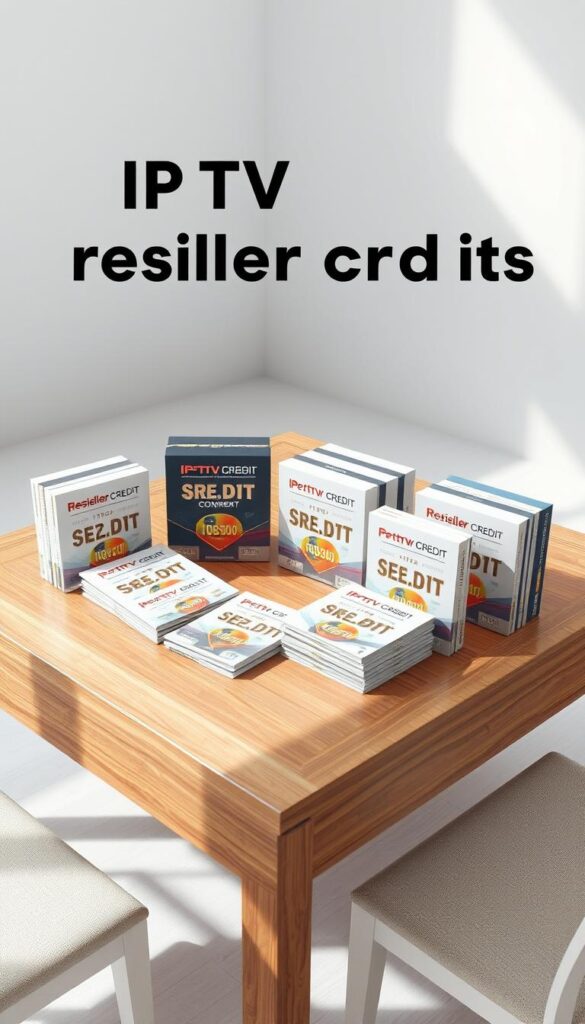 A high-resolution, photorealistic image of IPTVDIGI reseller credit packages on a wooden table in a well-lit, minimalist studio setting. The packages are neatly arranged, showcasing different credit tiers and denominations. The lighting is soft and diffused, creating natural shadows and highlights that accentuate the textures and materials of the packages. The background is clean and uncluttered, allowing the credit packages to be the focal point. The overall mood is professional, organized, and informative, reflecting the detailed understanding of IPTV reseller credits.
