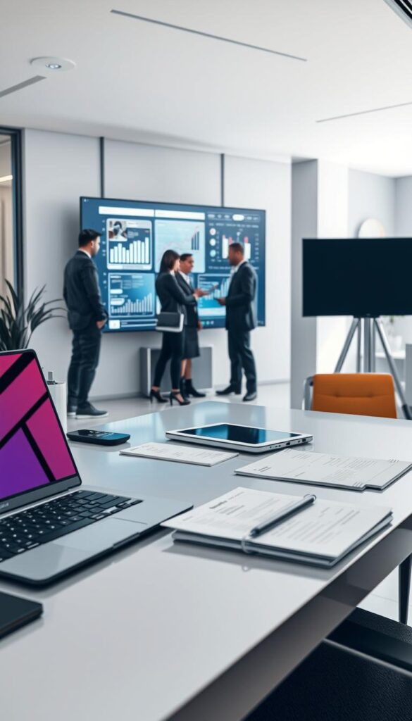 A high-resolution, photorealistic image of an IPTV reselling business model, showcasing a sleek and modern office setting. In the foreground, a sophisticated desk with a laptop, tablet, and neatly organized documents, hinting at the operational aspects of the business. In the middle ground, a team of professionals collaborating, discussing strategies and reviewing data displayed on a large, interactive touchscreen. The background features a clean, minimalist decor with large windows, allowing natural light to flood the space, conveying a sense of professionalism and efficiency. The IPTVDIGI brand is prominently displayed on various elements within the scene, emphasizing the company's identity and presence in the IPTV reselling market.