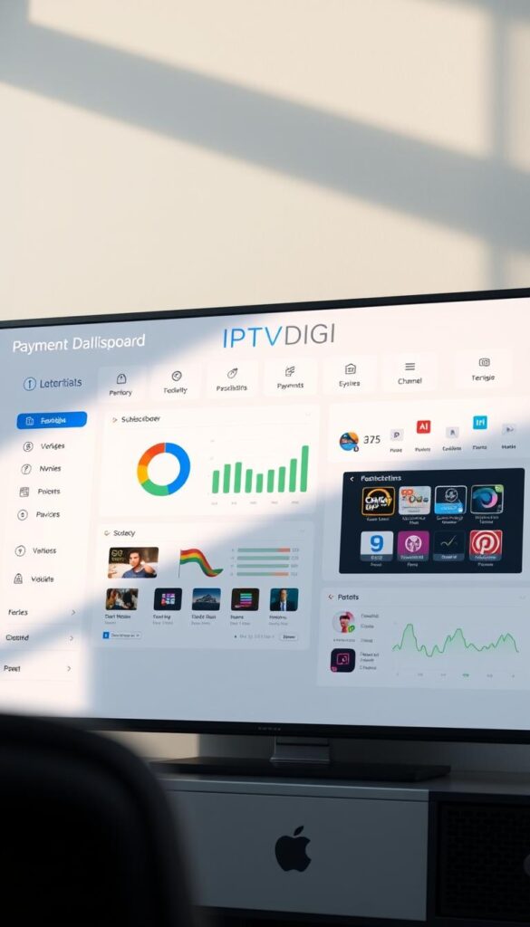 A highly detailed, photorealistic dashboard interface for an IPTV reseller panel, with the IPTVDIGI branding prominently displayed. The dashboard features a clean, minimalist layout with various widgets and menus, showcasing subscriber analytics, payment management, channel management, and other key functionalities. The interface is illuminated by soft, natural lighting, creating a professional and elegant atmosphere. The dashboard is presented from a slightly elevated, three-quarter angle, allowing for a comprehensive view of the system's capabilities.