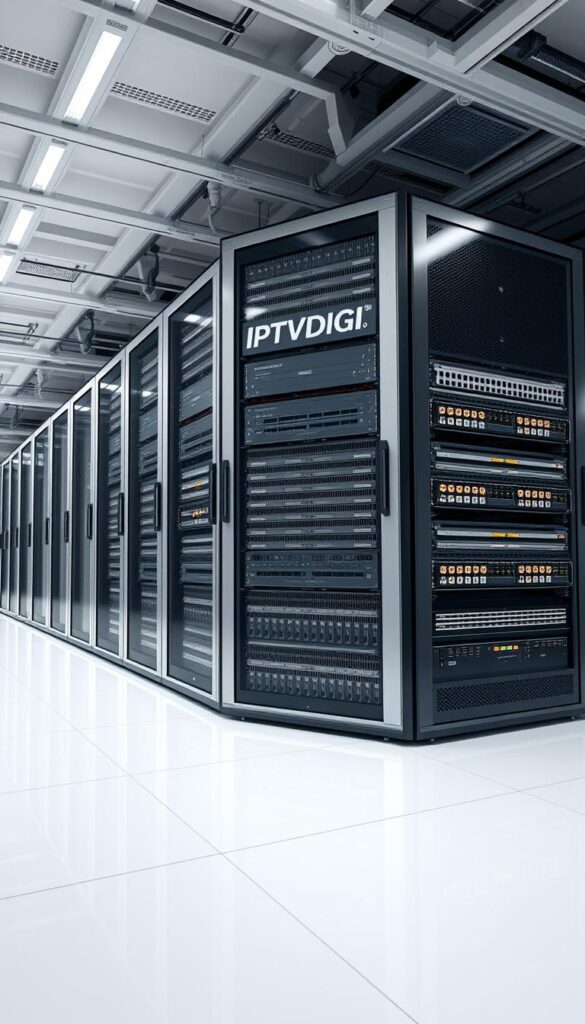 A large, sleek server rack filled with high-performance network equipment, displaying the IPTVDIGI brand prominently. The rack is situated in a modern, well-lit server room with a minimalist, industrial design. Diffused lighting creates a soft, even illumination, highlighting the clean lines and glossy surfaces of the hardware. The scene conveys a sense of power, reliability, and technological sophistication, reflecting the capabilities of the IPTV content library.