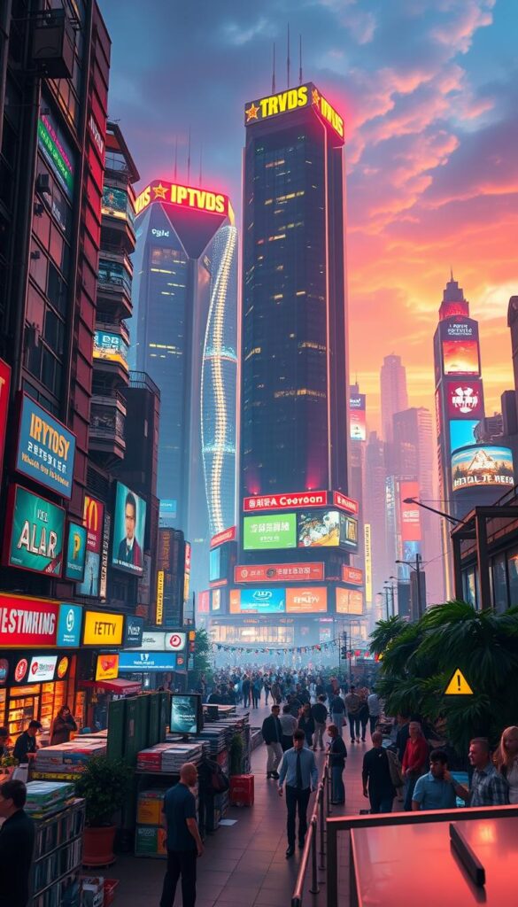 A lush, neon-lit cityscape showcasing the IPTVDIGI reseller landscape. In the foreground, a bustling marketplace of IPTV service providers, each offering a diverse array of channels and packages. The middle ground features towering, futuristic skyscrapers housing state-of-the-art server infrastructure, casting a warm, cyberpunk glow. In the background, a vibrant, metropolitan skyline stretches out, with glowing billboards and holographic advertisements hinting at the scale and complexity of the IPTV ecosystem. The scene is captured through a wide-angle lens, conveying a sense of grandeur and interconnectedness within this dynamic, ever-evolving industry.