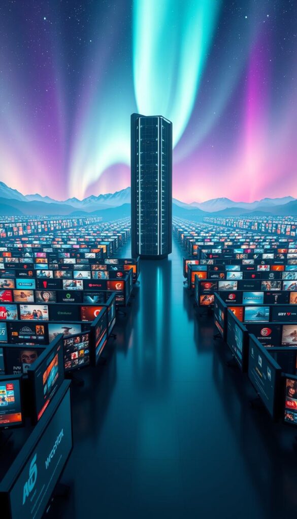 A massive and diverse IPTVDIGI content library stretches across a vast, sleek digital landscape. In the foreground, rows of high-definition television screens display a mesmerizing array of over 21,000 live channels, from popular mainstream networks to niche international programming. In the middle ground, a towering, futuristic data center hums with the power to deliver over 150,000 video-on-demand titles, spanning movies, shows, documentaries, and more. The background is dominated by a breathtaking, aurora-lit sky, conveying a sense of boundless possibilities and technological innovation. Crisp, cinematic lighting illuminates the scene, highlighting the sheer scale and quality of the IPTVDIGI content ecosystem.