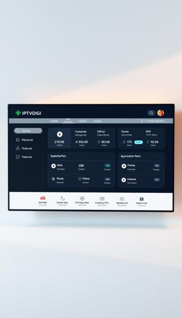 A minimalist and elegant IPTV reseller panel interface featuring the IPTVDIGI brand, showcased against a soft, muted background. The panel displays a clean, intuitive dashboard with key metrics and essential features highlighted, such as customer management, subscription plans, and payment gateways. The layout is well-organized, with clear iconography and a modern, responsive design. Subtle lighting casts a warm, professional tone, while the overall composition emphasizes simplicity, functionality, and a premium user experience.