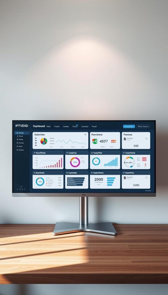 A minimalist yet sleek IPTV reseller dashboard interface showcasing the IPTVDIGI brand. The dashboard is displayed on a large widescreen monitor with a silver metal frame, situated on a modern wooden desk against a plain white wall. Soft directional lighting from above casts a warm, professional glow on the screen, which features clean typography, intuitive data visualizations, and clearly labeled control panels for managing subscriptions, analytics, and customer accounts. The overall mood is one of efficiency, control, and a premium technology experience.