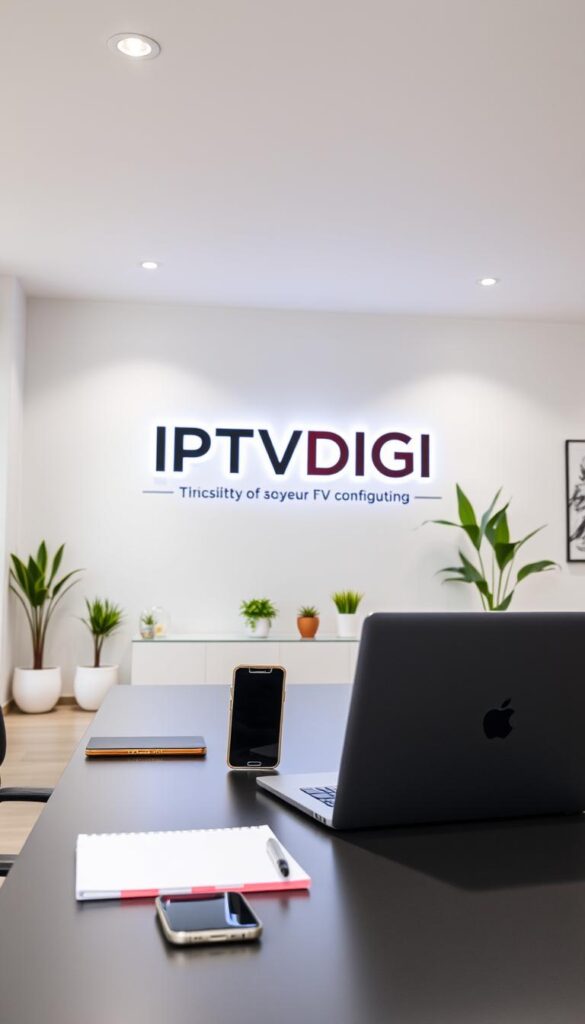 A modern and professional-looking office setting, featuring a stylish desk with a laptop, smartphone, and notepad. In the background, a large IPTVDIGI logo is prominently displayed on the wall, conveying the branding and identity of the IPTV reseller business. The lighting is bright and even, creating a welcoming and productive atmosphere. The room is decorated with minimalist decor, such as potted plants and abstract artwork, adding a touch of sophistication. The angle is slightly elevated, providing a clean and organized view of the workspace, ready to showcase the IPTV reseller setup and configuration.