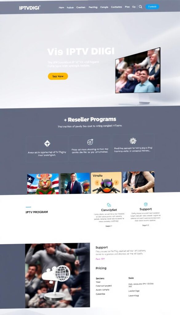 A modern and professional-looking website interface showcasing the IPTVDIGI brand, displaying a well-organized and intuitive layout with clearly labeled sections for "Reseller Programs", "Pricing", and "Support". The interface has a clean, minimalist design with a neutral color palette, high-quality product shots, and easy-to-navigate menus. The overall impression conveys a sense of legitimacy, reliability, and transparency, highlighting IPTVDIGI as a trustworthy IPTV reseller program.