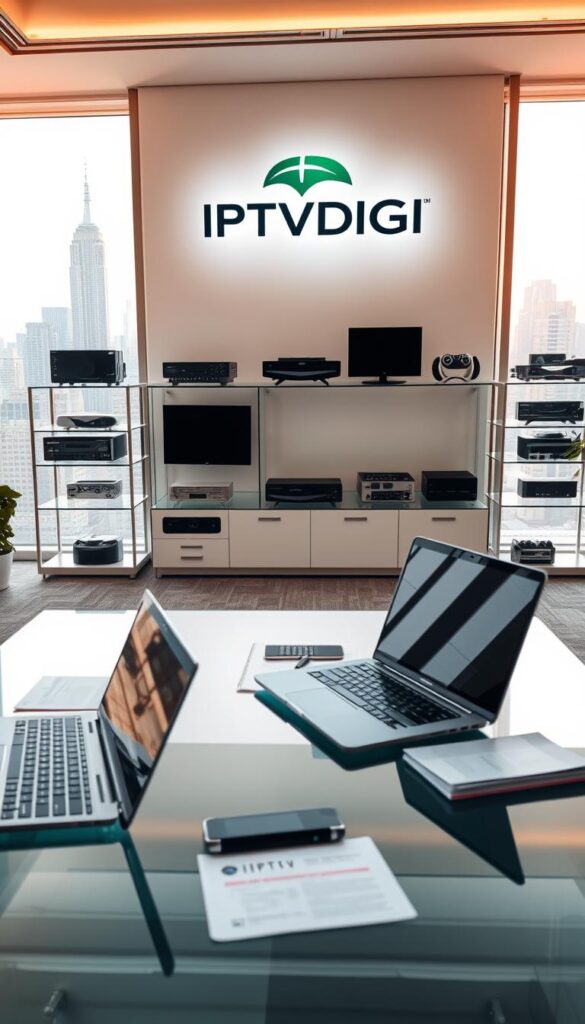 A modern and sleek IPTV reseller business office. In the foreground, a glass desk with a laptop, smartphone, and neatly organized documents. The middle ground features a large IPTVDIGI logo on the wall, with shelves displaying various electronic devices and networking equipment. The background has floor-to-ceiling windows overlooking a bustling city skyline, bathed in warm, natural lighting. The overall atmosphere conveys a sense of professionalism, technology, and growth potential for an IPTV reseller startup.