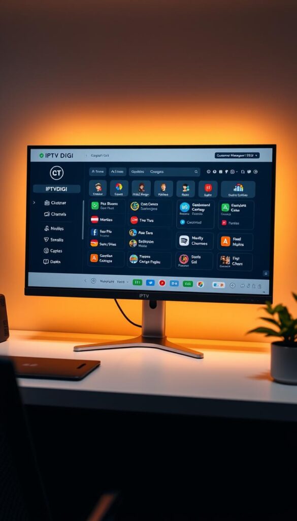 A modern and sleek IPTV reseller panel displayed on a large desktop monitor, showcasing the IPTVDIGI brand. The panel features a clean and intuitive user interface with clear menus, customer management tools, and real-time channel and subscription status. Warm and focused lighting illuminates the scene, creating a professional and efficient atmosphere. The panel is surrounded by a minimalist, office-like environment with subtle details like desk accessories and a plant, conveying a sense of a well-equipped IPTV reseller workspace.