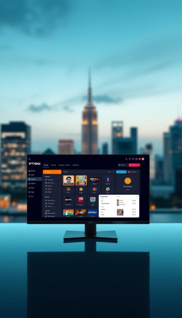 A modern and sleek IPTV reseller panel interface showcasing the IPTVDIGI brand, set against a sophisticated backdrop of blurred city skyline. The panel features a clean dashboard with customizable widgets, intuitive navigation, and detailed subscriber management tools. Subtle lighting illuminates the workspace, creating a professional and efficient atmosphere. The overall design conveys a sense of technological prowess and reliable service, catering to the needs of IPTV resellers in the Indian market.