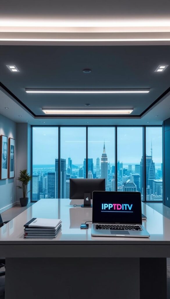 A modern and sleek office interior with a large desk, a desktop computer, and a stack of documents. On the desk, a laptop displays the IPTVDIGI logo, signifying an IPTV reseller business. Elegant lighting fixtures illuminate the space, creating a professional and efficient atmosphere. The walls feature minimalist art pieces, and a large window overlooking a bustling city skyline provides a sense of scale and context. The scene conveys the sophisticated and technological nature of the IPTV reseller business model.