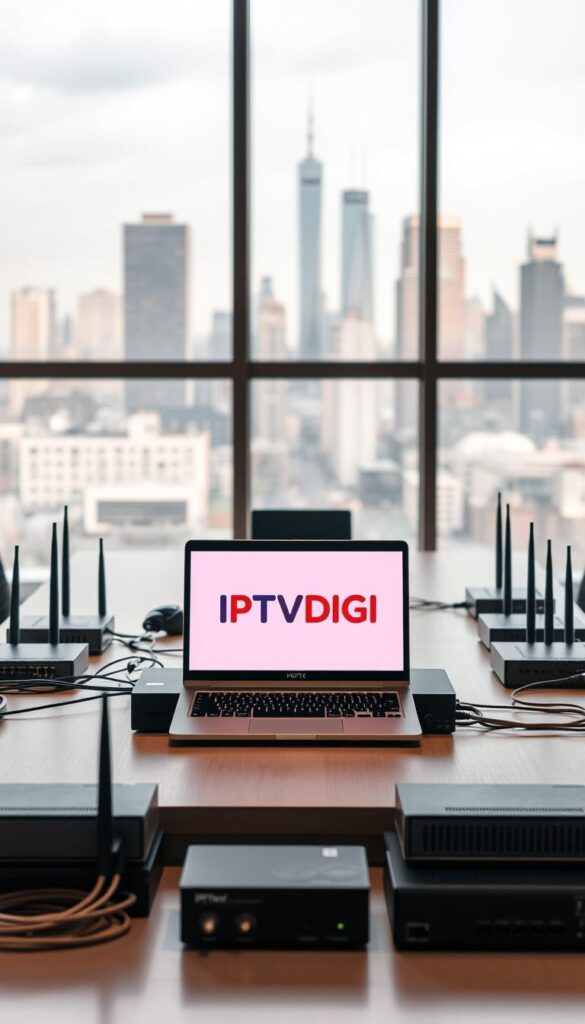 A modern and sleek office setting, with a large desk showcasing a laptop displaying the "IPTVDIGI" brand prominently. The desk is surrounded by various networking equipment, including routers, modems, and ethernet cables, conveying the technical nature of IPTV reseller services. Subtle lighting casts a warm glow, creating a professional and inviting atmosphere. In the background, a city skyline can be seen through large windows, suggesting a thriving urban environment. The overall composition conveys the idea of a successful IPTV reseller business, ready to support and empower its partners.