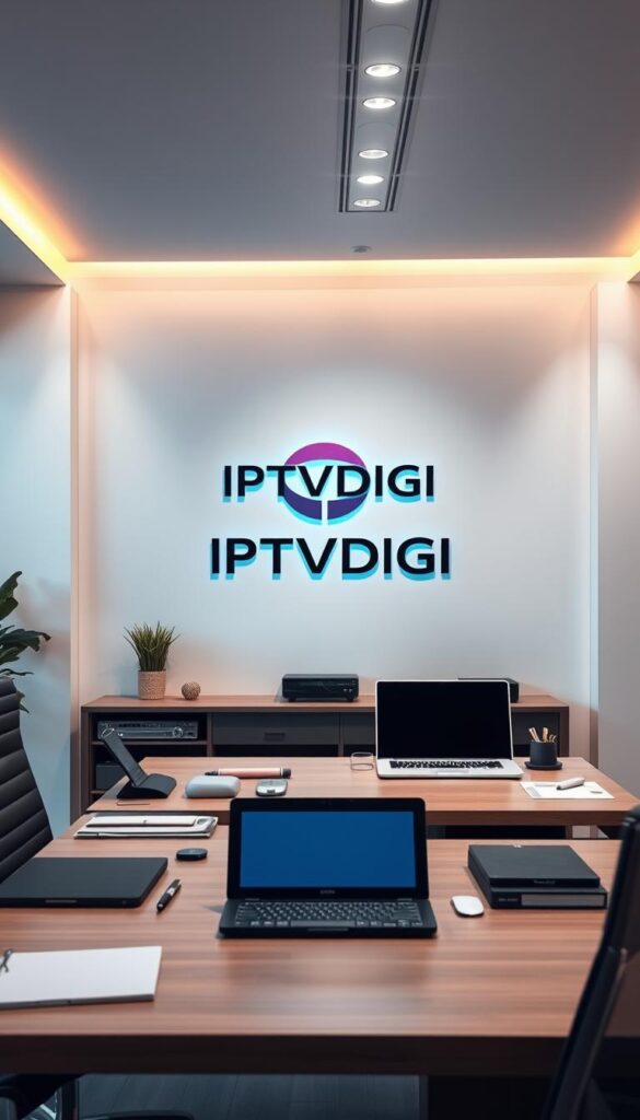A modern and sleek office setting, with a large desk showcasing a laptop, tablet, and various office supplies. In the background, a minimalist wall display features the IPTVDIGI logo prominently, conveying a professional and trustworthy IPTV reseller business. Warm, directional lighting from above and soft shadows create a welcoming and productive atmosphere. The scene is captured from a slightly elevated angle, providing a comprehensive view of the workspace. The overall composition emphasizes the organized and tech-savvy nature of the IPTV reseller setup.