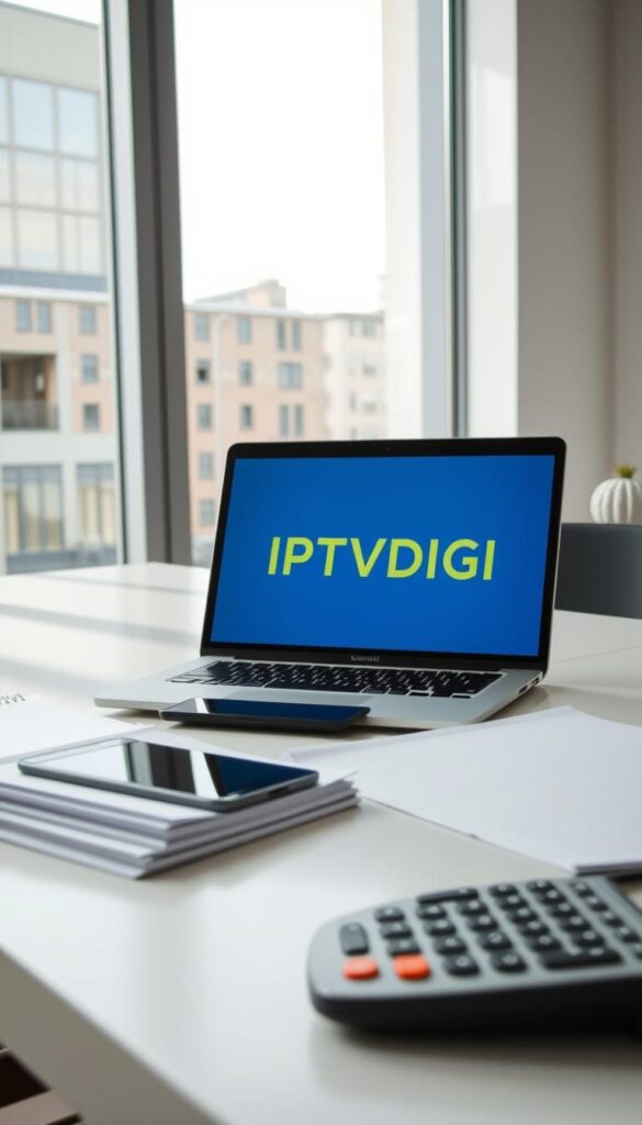 A modern office setting, with a sleek and minimalist desk showcasing a laptop, smartphone, and notepad. The desk is situated against a large window, allowing natural light to pour in and create a bright, airy atmosphere. In the foreground, a stack of documents and a calculator represent the financial and administrative aspects of running an IPTV reseller business. The IPTVDIGI logo is prominently displayed on the laptop screen, emphasizing the brand's presence. The overall mood is one of professionalism, efficiency, and the potential for success in the IPTV reseller market within the UK.