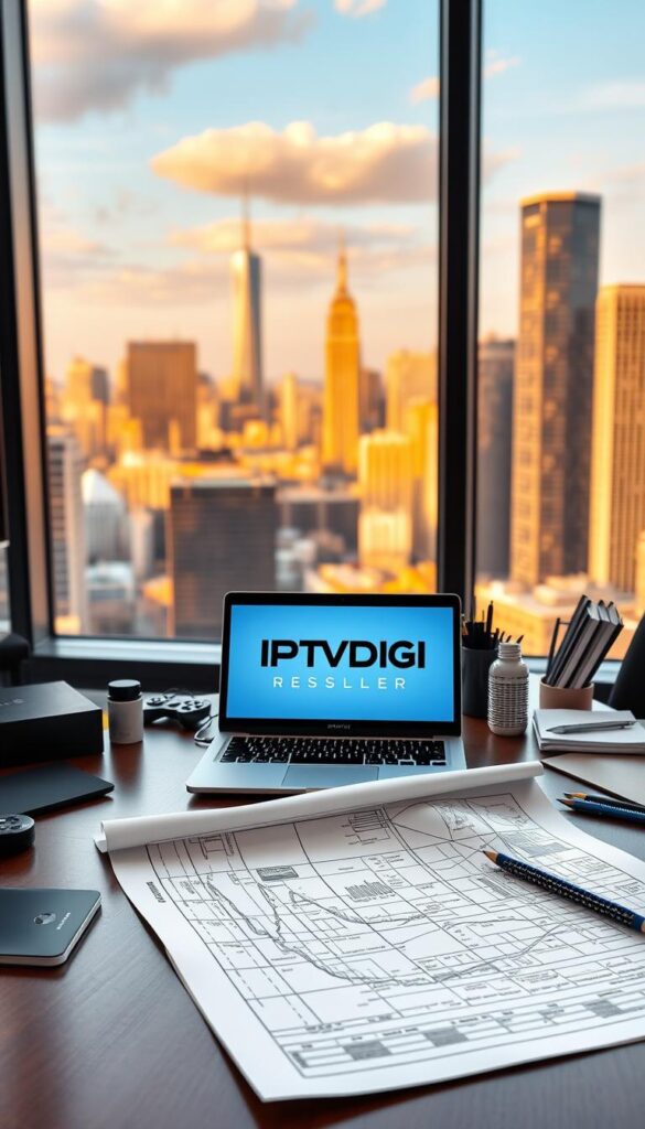 A modern office setting with a stylish desk, a laptop displaying the IPTVDIGI logo, and various office supplies. In the background, a large window overlooking a bustling city skyline, bathed in warm, natural lighting. On the desk, a blueprint or business plan is laid out, signifying the strategic planning aspect of the IPTV reseller business. The overall atmosphere conveys a sense of professionalism, productivity, and the potential for growth within the IPTV reseller industry.