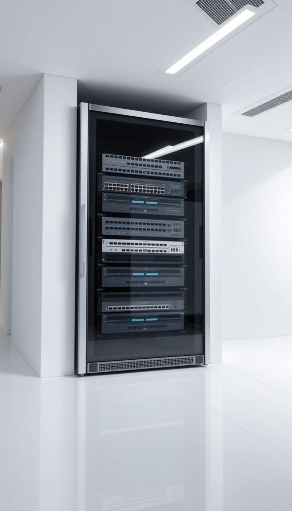A modern, sleek IPTVDIGI server rack situated in a well-lit, minimalist server room. The rack features state-of-the-art networking equipment, including high-performance switches, routers, and secure storage modules. The lighting is bright yet diffused, creating a professional, technology-focused atmosphere. The server components are visible through tempered glass panels, showcasing the advanced hardware powering the IPTV reseller system. The room's floor is a seamless, reflective surface, amplifying the clean, futuristic aesthetic. Overall, the scene conveys the reliability, efficiency, and technological sophistication of the IPTVDIGI reseller platform.