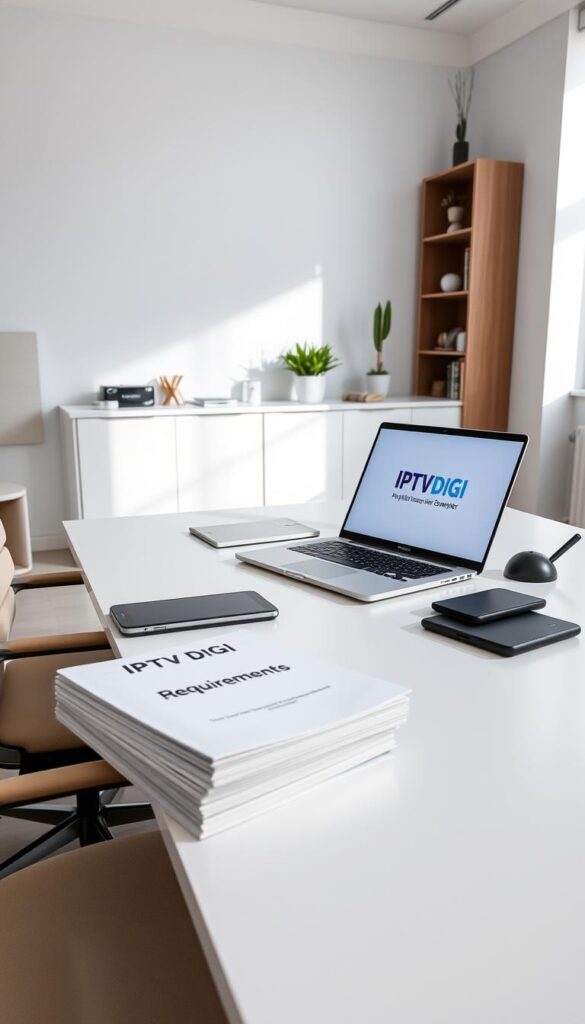 A modern, sleek office setting with a large desk, a comfortable chair, and a laptop displaying the IPTVDIGI logo. Soft, directional lighting from a window illuminates the scene, casting subtle shadows. On the desk, various office supplies, a tablet, and a stack of documents labeled "IPTV Reseller Requirements" are neatly arranged. The background features a minimalist, contemporary decor with a stylish bookshelf and a few potted plants, conveying a professional and organized atmosphere. The overall mood is one of efficiency, organization, and a focus on the essential elements needed to become a successful IPTV reseller.