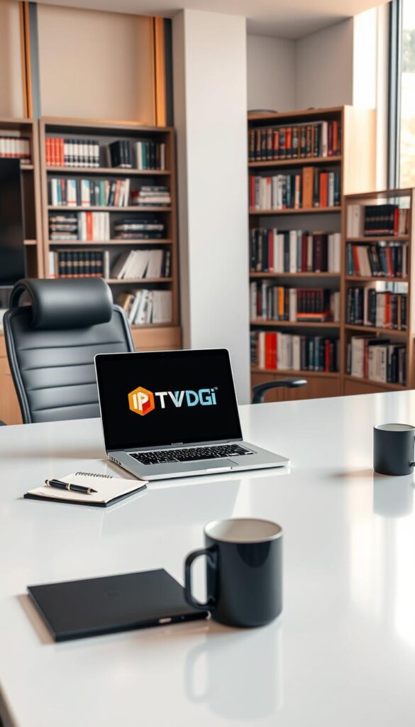 A modern, sleek office setting with a large desk and ergonomic chair. On the desk, a laptop displaying the IPTVDIGI logo, surrounded by various business essentials - a pen, notepad, and a stylish mug. The room is well-lit, with warm, natural lighting from large windows, creating a professional and productive atmosphere. In the background, a bookshelf filled with relevant business and technology books, hinting at the expertise required to run an IPTV resell business. The overall scene conveys the essential requirements - a dedicated workspace, technology, and industry knowledge - needed to start a successful IPTV resell enterprise.
