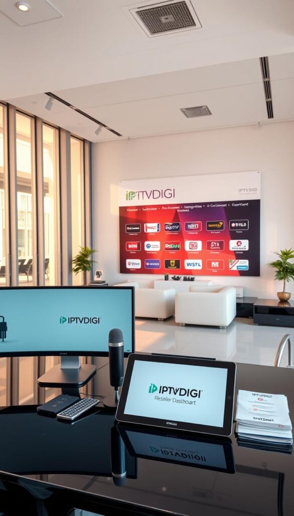 A modern, sleek office space showcasing the IPTVDIGI IPTV reseller business setup. In the foreground, a glossy black desk with a dual-screen computer setup, a professional microphone, and a stack of branded documents. On the desk, a tablet displays the IPTVDIGI logo and reseller dashboard. In the middle ground, floor-to-ceiling windows flood the room with warm, natural lighting, casting a soft glow on the minimalist furniture and decor. The background features a large, branded display wall highlighting the IPTVDIGI services and channel lineup. The overall atmosphere conveys a sense of professionalism, technology, and a thriving IPTV reseller operation.