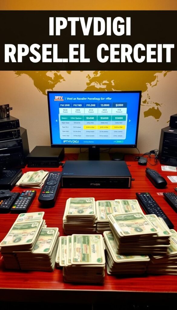 A neatly organized desk displaying various IPTV reseller credit packages offered by IPTVDIGI. The foreground features stacks of digital currency cards, remote controls, and networking equipment, conveying the technical aspects of IPTV reselling. The middle ground showcases a laptop displaying pricing details and subscription plans, while the background depicts a stylized world map, symbolizing the global reach of the IPTV service. The scene is illuminated by warm, diffused lighting, creating a professional and authoritative atmosphere, reflecting the serious nature of the IPTV reseller business.