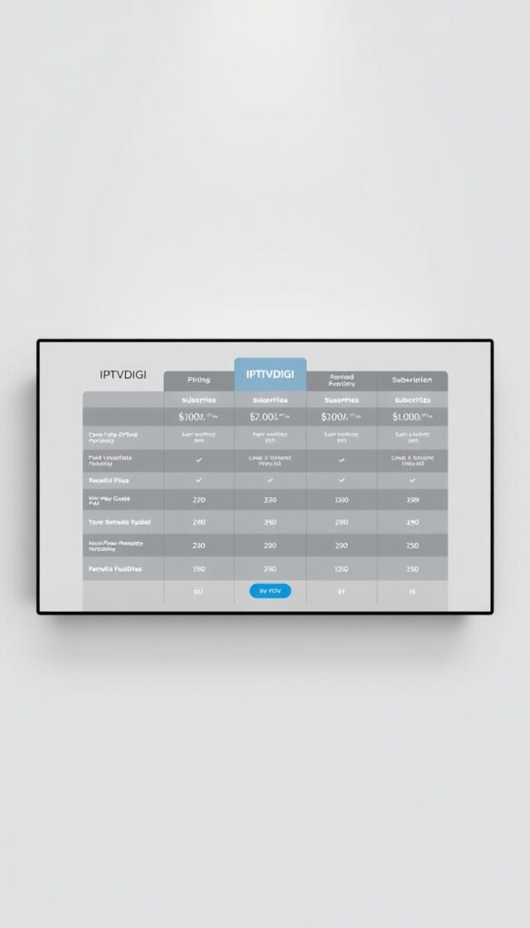 A neatly organized pricing table displayed on a sleek, minimalist interface with the IPTVDIGI logo prominently featured. The table shows a clear breakdown of subscription plans, features, and corresponding prices for IPTV resellers, presented in a clean, easy-to-read format. The background is a soft, muted gray, allowing the pricing information to take center stage. Subtle gradients and clean lines create a sense of professionalism and attention to detail. The overall impression is one of a comprehensive, well-structured IPTV reseller pricing model that is both informative and visually appealing.