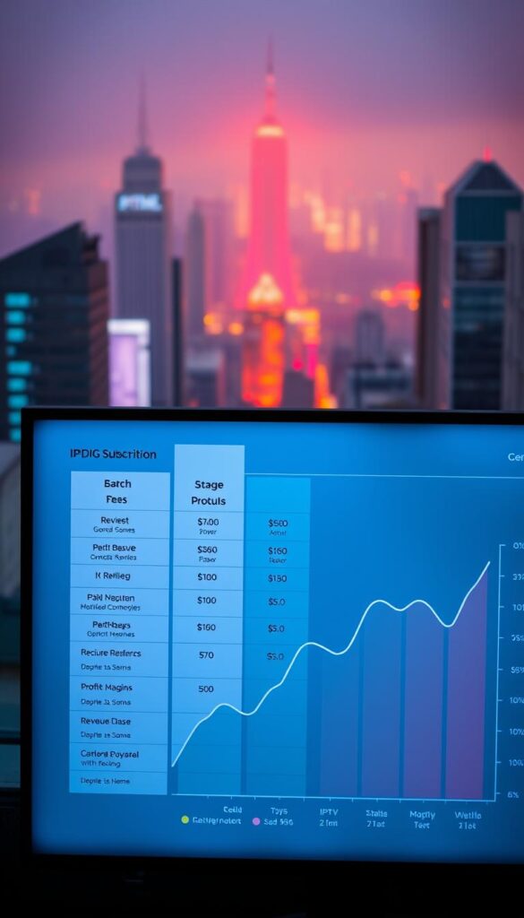 A neon-lit financial dashboard displays the pricing structure of an IPTVDIGI reselling operation. In the foreground, a sleek, minimalist interface shows tiered subscription plans with detailed breakdowns of monthly fees, revenue shares, and profit margins. The middle ground features a dynamic graph charting the growth of the reseller's customer base, while the background is a hazy cityscape, evoking the hustle and bustle of the IPTV reselling industry. The overall mood is one of precision, profitability, and the allure of the digital media landscape.