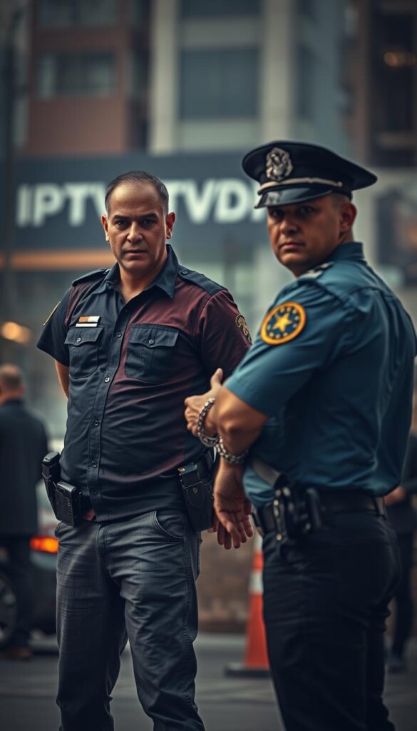 A police officer stands sternly, handcuffing a man in a casual outfit, signifying an IPTV reseller arrested. The scene is captured in a moody, dramatic lighting, with a blurred urban background featuring the "IPTVDIGI" brand name. The composition emphasizes the gravity of the situation, conveying a sense of law enforcement action against illicit IPTV operations.